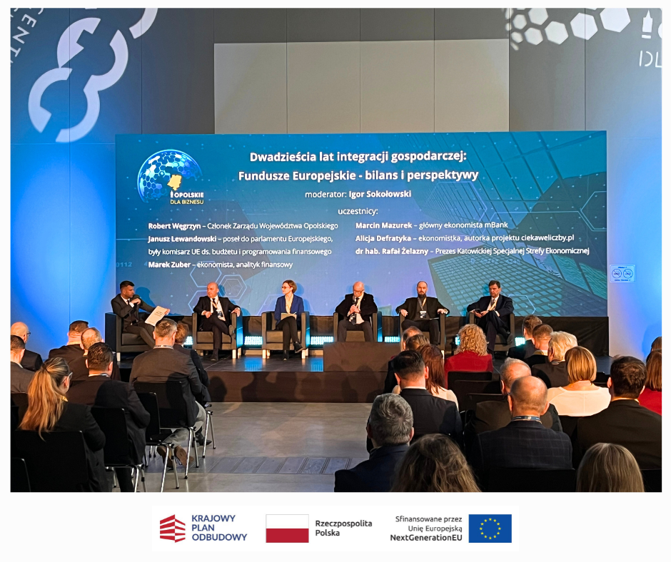 Panel siedmiu osób w strojach biznesowych siedzi na scenie z mikrofonami, dyskutując pod oświetlonym tłem z napisem "Dwadzieścia lat integracji gospodarczej: Fundusze Europejskie - bilans i perspektywy". Członkowie publiczności słuchają. Logo i ekrany stanowią oprawę wydarzenia.