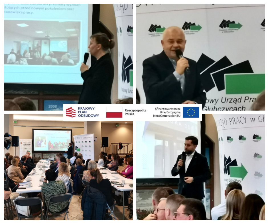 Kolaż przedstawia cztery sceny z oficjalnego wydarzenia: prelegenci trzymają mikrofony i prezentują slajdy publiczności siedzącej przy stołach. Wokół sali widoczne są banery i logotypy, w tym UE, polskie flagi narodowe i nazwy organizacji.