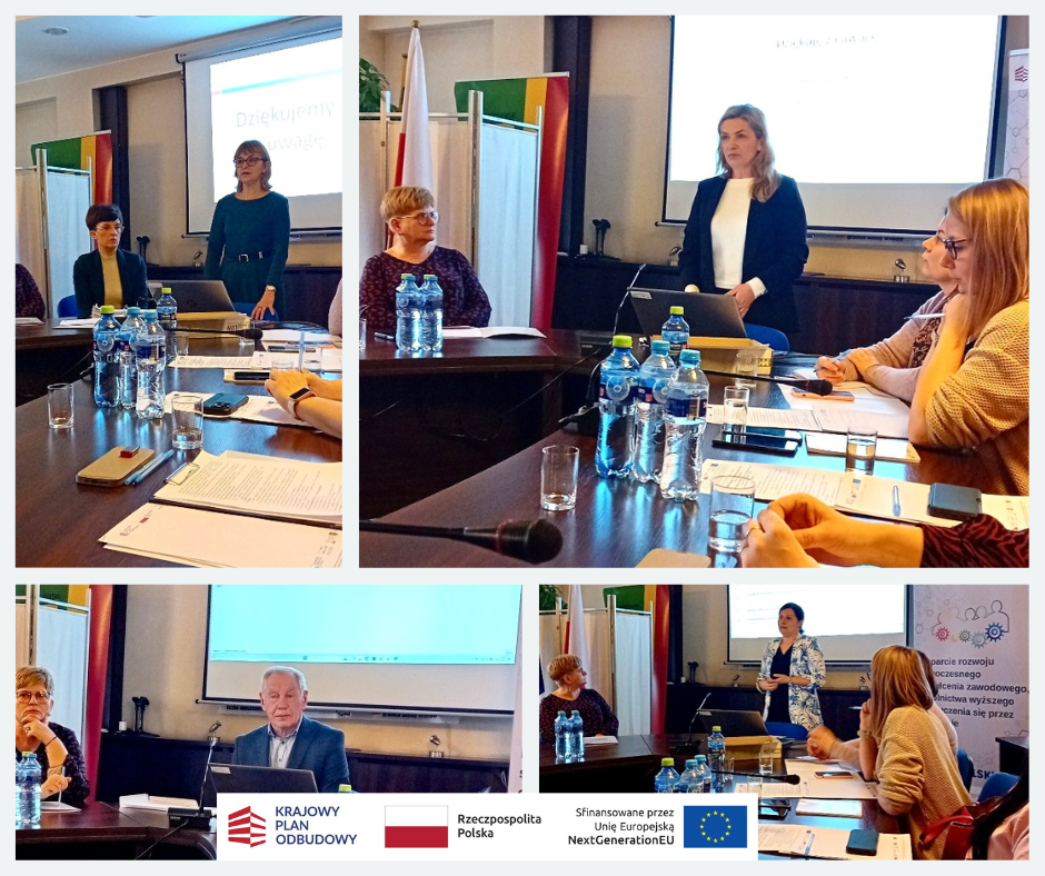 Kolaż czterech zdjęć przedstawia ludzi w sali konferencyjnej z dokumentami, flagami i butelkami wody na stole. Uczestnicy mówią, słuchają i prezentują slajdy. U dołu widoczne są logotypy polskiego rządu, UE i "Krajowego Planu Odbudowy".