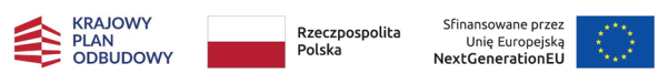 Cztery elementy: stylizowany biało-czerwony dom z napisem Krajowy Plan Odbudowy; polska flaga z napisem "Rzeczpospolita Polska"; czarny napis "Sfinansowane przez Unię Europejską NextGenerationEU"; flaga UE z żółtymi gwiazdami w okręgu na niebieskim tle.