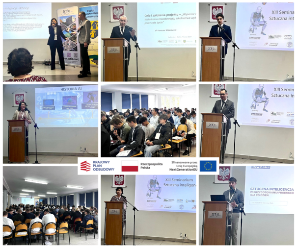 Kolaż zdjęć z seminarium poświęconego sztucznej inteligencji przedstawia prelegentów na podium, slajdy prezentacji, siedzących uczestników i banery seminarium. Widoczne są logotypy Kraków Plan, Polski i UE. Atmosfera jest profesjonalna i edukacyjna.