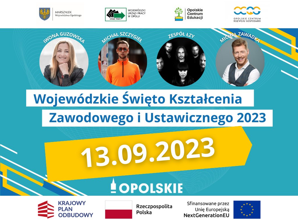 Plakat Wojewódzkiego Święta Kształcenia Zawodowego i Ustawicznego 2023, zawierający szczegóły wydarzenia, zdjęcia prelegentów i gości oraz logo organizacji regionalnych, krajowych i unijnych. Data 13.09.2023 jest wyróżniona kolorem żółtym.