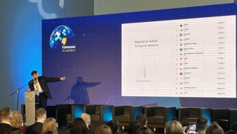 Mężczyzna w garniturze stoi na podium, wskazując na duży ekran wyświetlający listę największych globalnych firm według wartości; stoi przed publicznością w sali konferencyjnej z niebieskim wystrojem i pustymi krzesłami na scenie.