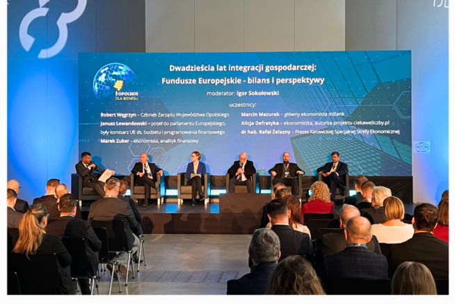Panel siedmiu osób w strojach biznesowych siedzi na scenie z mikrofonami, dyskutując pod oświetlonym tłem z napisem "Dwadzieścia lat integracji gospodarczej: Fundusze Europejskie - bilans i perspektywy". Członkowie publiczności słuchają. Logo i ekrany stanowią oprawę wydarzenia.