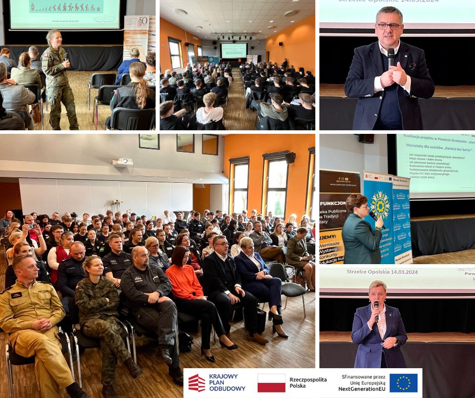 Kolaż zdjęć z konferencji w Strzelcach Opolskich, Polska (14.03.2024). Obrazy przedstawiają prelegentów przemawiających do dużej publiczności w sali konferencyjnej, w tym personelu wojskowego. Wydarzenie finansowane przez UE NextGenerationEU za pośrednictwem Krajowego Planu Odbudowy.