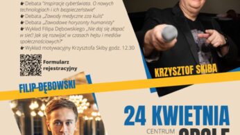 Kolorowy plakat Festiwalu Kariery, który odbędzie się 24 kwietnia w Opolu. Zawiera zdjęcia Filipa Bębowksiego i Krzysztofa Skiby, godziny wydarzenia, tematy dotyczące kariery i cyberbezpieczeństwa, logo sponsorów oraz pogrubione żółte tło z niebieskim i czarnym tekstem.