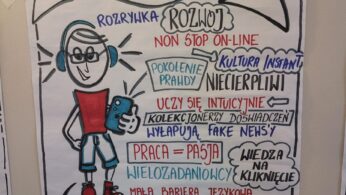 Kolorowy plakat w języku polskim z postacią z kreskówki trzymającą telefon i noszącą słuchawki. Frazy tekstowe opisują pokolenie Z: 