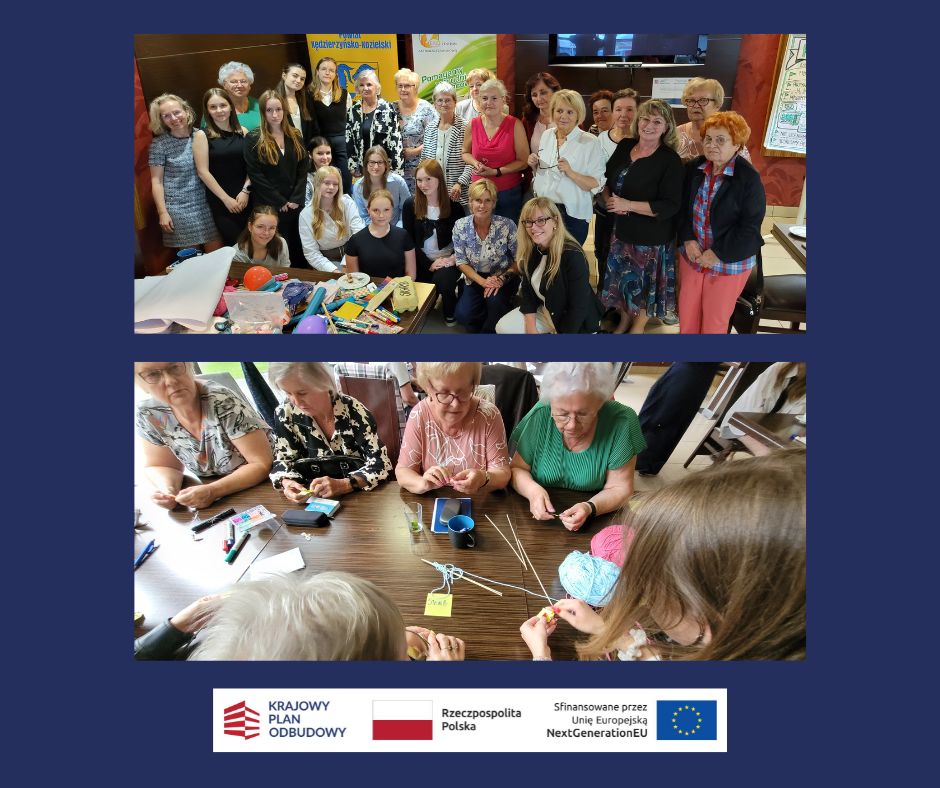 Dwa zdjęcia przedstawiają grupę kobiet w różnym wieku zebranych w pomieszczeniu. Na górnym zdjęciu pozują i uśmiechają się do kamery. Na dolnym zdjęciu kilka kobiet siedzi wokół stołu, robiąc razem na drutach. Poniżej widnieją logotypy polskich i unijnych organizacji.