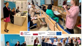 Kolaż przedstawia ludzi w nowoczesnej sali lekcyjnej i konferencyjnej. Prelegenci prezentują slajdy na podium, a uczestnicy słuchają, robią notatki i zadają pytania. Widoczne są logo UE i polskiego rządu, wskazujące na oficjalne wydarzenie edukacyjne.