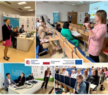 Kolaż przedstawia ludzi w nowoczesnej sali lekcyjnej i konferencyjnej. Prelegenci prezentują slajdy na podium, a uczestnicy słuchają, robią notatki i zadają pytania. Widoczne są logo UE i polskiego rządu, wskazujące na oficjalne wydarzenie edukacyjne.