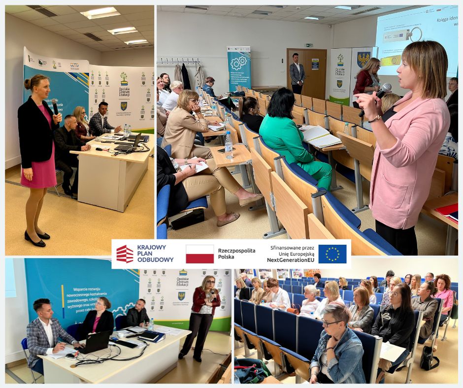 Kolaż przedstawia ludzi w nowoczesnej sali lekcyjnej i konferencyjnej. Prelegenci prezentują slajdy na podium, a uczestnicy słuchają, robią notatki i zadają pytania. Widoczne są logo UE i polskiego rządu, wskazujące na oficjalne wydarzenie edukacyjne.
