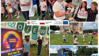 Kolaż przedstawia: rodziny na festiwalu z balonami i prezentacją gogli VR, znak wydarzenia dotyczącego kariery w wirtualnej rzeczywistości, dzieci bawiące się na trawie w pobliżu namiotu, zabytkowy budynek i duży tłum oglądający występ na scenie plenerowej.