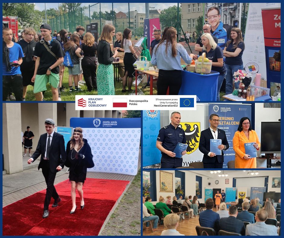 Kolaż czterech zdjęć: stoisko zewnętrzne ze studentami, stoisko wewnętrzne z napojami, dwie osoby idące po czerwonym dywanie oraz ceremonia wręczenia nagród z policją i publicznością. W centrum wyświetlane są logotypy UE, Polski i programów lokalnych.