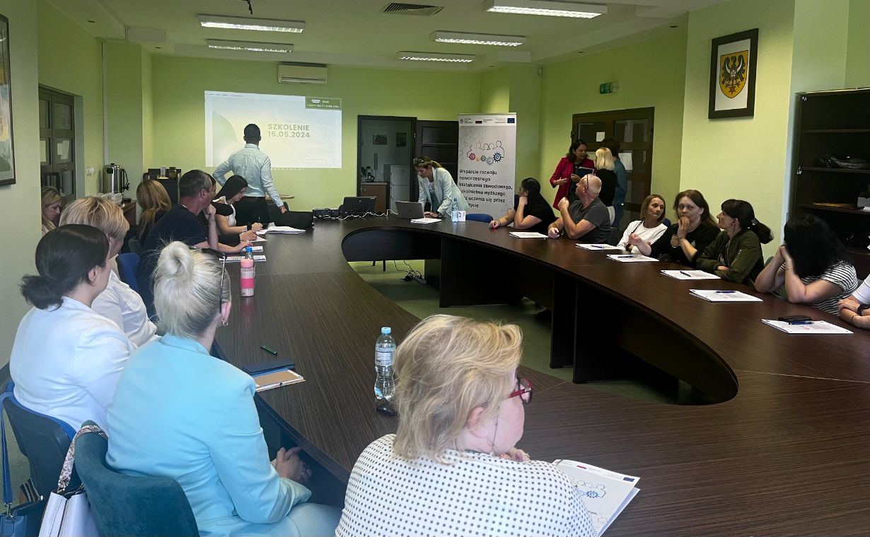 Grupa dorosłych siedzi wokół dużego stołu w kształcie litery U w sali konferencyjnej, słuchając prezentacji. Jedna osoba stoi przy ekranie projektora, podczas gdy inni stoją przodem, niektórzy z papierami lub notatnikami. Pokój jest jasny, a na ścianach wiszą plakaty i banery.