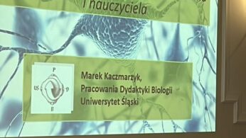 Nad stołem z krzesłem, filiżanką, spodkiem i dwoma metalowymi termosami wyświetlany jest slajd prezentacji w języku polskim. Tytuł slajdu brzmi Konflikt czy symbioza albo dwa mózgi w szkole, omawiając różnice w funkcjonowaniu mózgu między uczniami i nauczycielami.