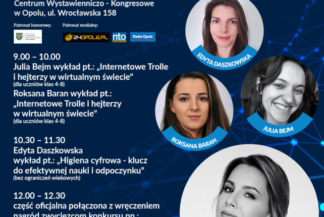 Niebieski cyfrowy plakat wydarzenia Opolski Tydzień Kariery: Kariera a Cyfrowy Świat, zawiera zdjęcia prelegentów, nazwiska, tematy i godziny sesji na 30.10.2024 w Opolu. Logo i dane kontaktowe znajdują się na górze i na dole.