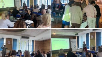 Kolaż czterech zdjęć przedstawia ludzi uczestniczących w warsztatach lub konferencji w pomieszczeniach zamkniętych, oglądających prezentacje, omawiających materiały przy stołach i angażujących się w dyskusje grupowe. Logotypy Krajowego Planu Odbudowy, Polski i Unii Europejskiej pojawiają się u dołu.