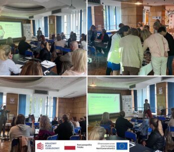 Kolaż czterech zdjęć przedstawia ludzi uczestniczących w warsztatach lub konferencji w pomieszczeniach zamkniętych, oglądających prezentacje, omawiających materiały przy stołach i angażujących się w dyskusje grupowe. Logotypy Krajowego Planu Odbudowy, Polski i Unii Europejskiej pojawiają się u dołu.