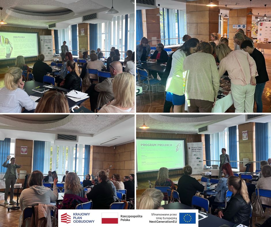 Kolaż czterech zdjęć przedstawia ludzi uczestniczących w warsztatach lub konferencji w pomieszczeniach zamkniętych, oglądających prezentacje, omawiających materiały przy stołach i angażujących się w dyskusje grupowe. Logotypy Krajowego Planu Odbudowy, Polski i Unii Europejskiej pojawiają się u dołu.