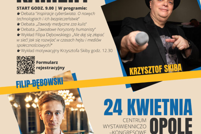 Na plakacie z tytułem Festiwal Kariery widnieją zdjęcia Krzysztofa Skiby trzymającego mikrofon i Filipa Bębnowksiego w niebieskiej koszuli. Wyświetlane są szczegóły wydarzenia, logotypy i partnerzy. Wydarzenie odbędzie się 24 kwietnia w Opolu w Centrum Wystawienniczo-Kongresowym.