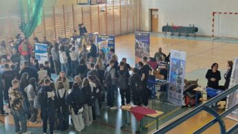 Duża grupa uczniów gromadzi się wokół kilku stołów z banerami na targach kariery w sali gimnastycznej. Niektórzy dorośli siedzą lub stoją przy stołach, oferując informacje. Sala gimnastyczna ma drewniane drabinki i bramkę do piłki ręcznej w tle.