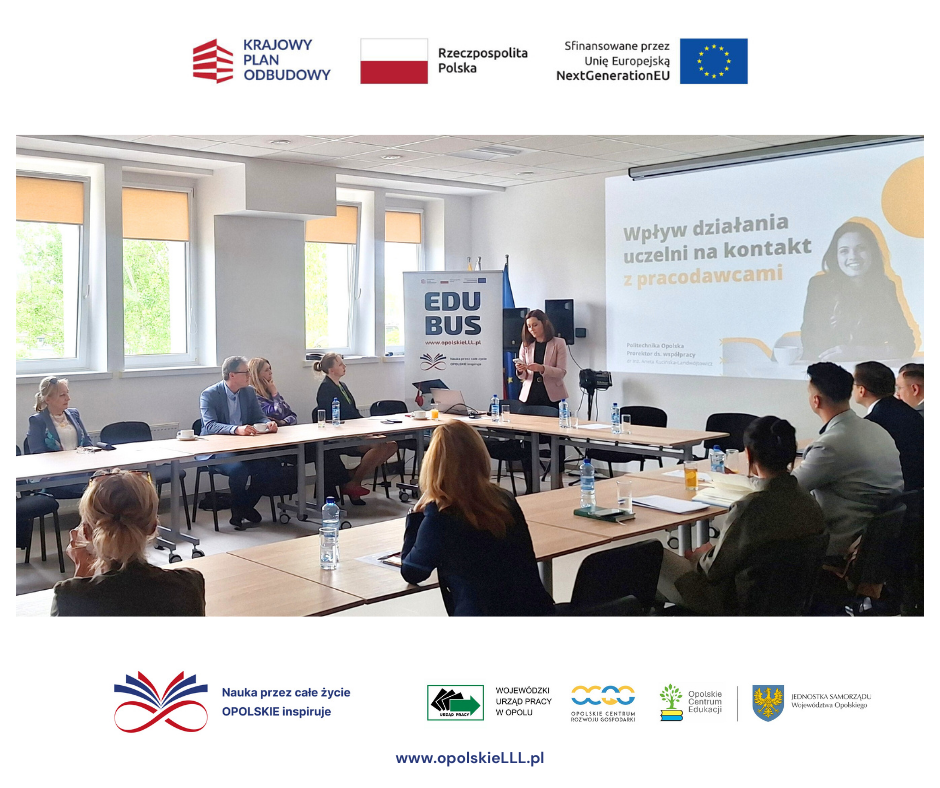 Grupa ludzi siedzi wokół stołu konferencyjnego w jasnym pomieszczeniu, słuchając kobiety prezentującej obok ekranu z napisem Wpływ działania uczelni na kontakt z pracodawcami. Widoczne są liczne banery i butelki wody.