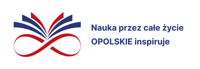 Czerwony i niebieski stylizowany symbol nieskończoności łączy się z otwartymi stronami książki po lewej stronie. Po prawej stronie znajduje się niebieski polski tekst: Nauka przez całe życie OPOLSKIE inspiruje. Białe tło.