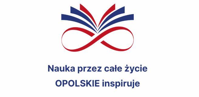 Stylizowana czerwono-niebieska otwarta książka tworzy symbol nieskończoności nad polskim tekstem Nauka przez całe życie OPOLSKIE inspiruje na białym tle, promując uczenie się przez całe życie i inspirację w Opolu, Polska.