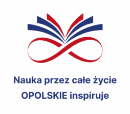 Stylizowana otwarta książka z niebieskimi i czerwonymi stronami tworzy symbol nieskończoności. Poniżej znajduje się niebieski tekst: Nauka przez całe życie OPOLSKIE inspiruje, czyli po polsku Nauka przez całe życie OPOLSKIE inspiruje. Tło jest białe.