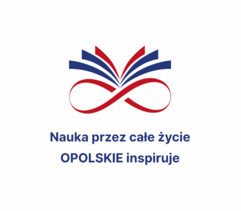 Stylizowany czerwono-niebieski symbol nieskończoności z otwartymi stronami książki nad nim. Poniżej znajduje się niebieski tekst w języku polskim: Nauka przez całe życie OPOLSKIE inspiruje. Tło jest białe.