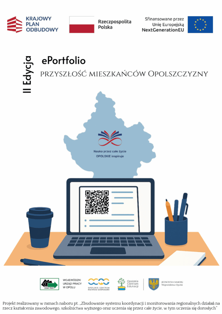 Plakat promujący "ePortfolio. Przyszłość mieszkańców Opolszczyzny". Centralnie umieszczony laptop z kodem QR na ekranie, za którym znajduje się zarys mapy regionu Opolszczyzny z hasłem "Nauka przez całe życie OPOLSKIE inspiruje". U góry logotypy: KPOs, flaga Polski, NextGenerationEU. U dołu logotypy partnerów projektu.