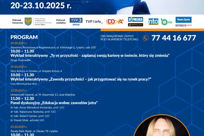 Plakat informacyjny "Opolski Tydzień Kariery" (20-23.10.2025 r.) z hasłem "Kompetencje start-upem Twojej kariery". Zawiera szczegółowy program wydarzeń w Krapkowicach, Ozimku, Opolu (Uniwersytet Opolski) i Toyota Park Opole, w tym wykłady i panele dyskusyjne z ekspertami. Wskazuje na patronaty Marszałka Województwa Opolskiego, finansowanie z funduszy NextGenerationEU oraz organizację przez Wojewódzki Urząd Pracy w Opolu.