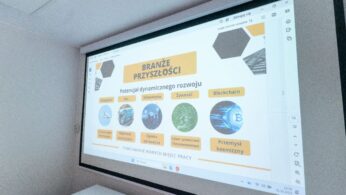 Zdjęcie przedstawia rzutnik wyświetlający slajd prezentacji zatytułowany 