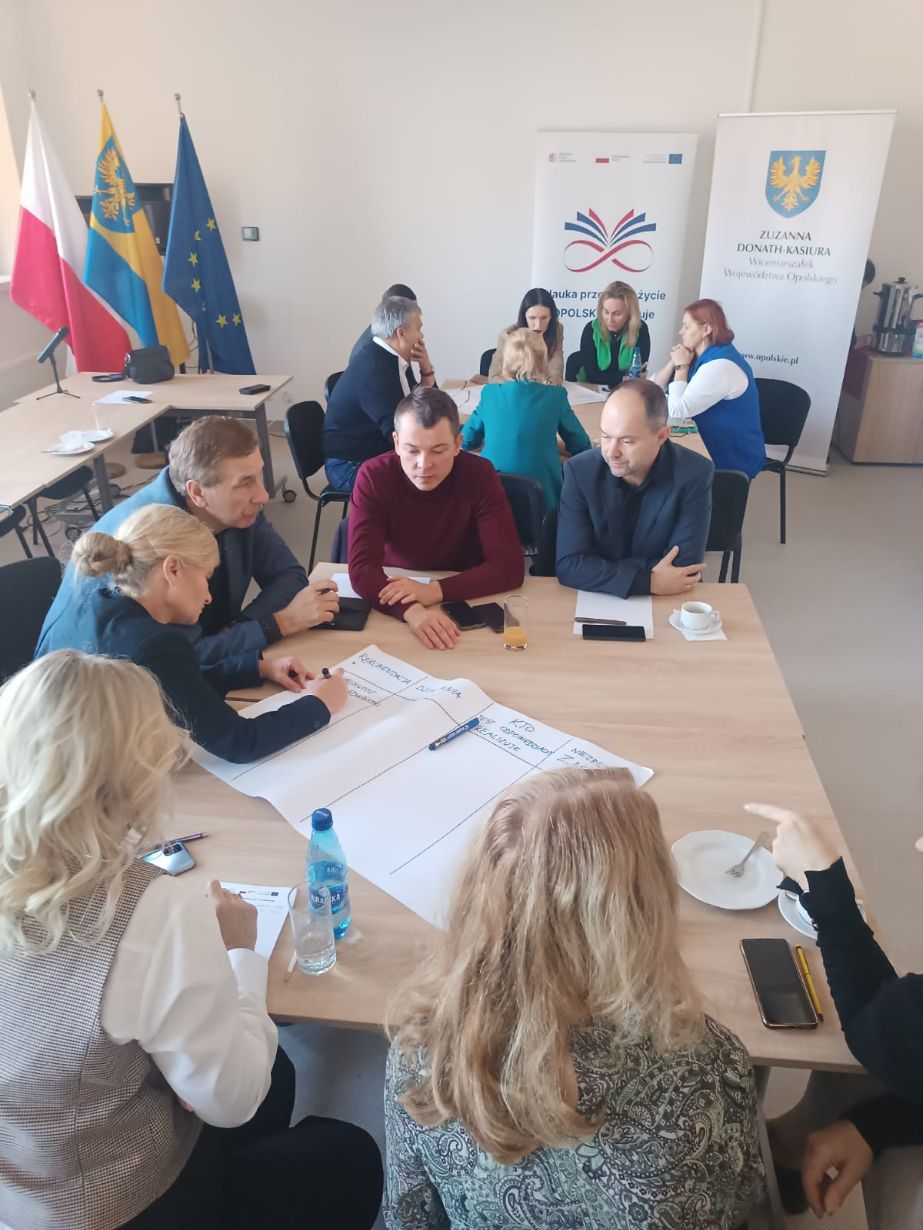 Uczestnicy warsztatów siedzą wokół stołu, aktywnie pracując nad zadaniem. Jedna z kobiet notuje na dużym arkuszu papieru. W tle widoczne są flagi Polski i Unii Europejskiej oraz banery promocyjne, w tym jeden z nazwiskiem wicemarszałek Zuzanny Donath-Kasiury.