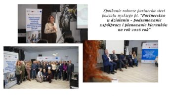 Collage trzech zdjęć prezentujących uczestników wydarzenia. Zdjęcie grupowe wszystkich uczestników, zdjęcie dokumentujące trwający panel dyskusyjny oraz zdjęcie prelegentki przemawiającej do zebranych uczestników spotkania.