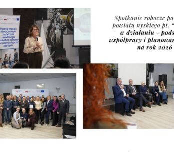 Collage trzech zdjęć prezentujących uczestników wydarzenia. Zdjęcie grupowe wszystkich uczestników, zdjęcie dokumentujące trwający panel dyskusyjny oraz zdjęcie prelegentki przemawiającej do zebranych uczestników spotkania.