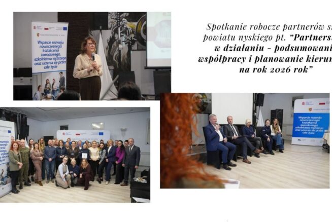 Collage trzech zdjęć prezentujących uczestników wydarzenia. Zdjęcie grupowe wszystkich uczestników, zdjęcie dokumentujące trwający panel dyskusyjny oraz zdjęcie prelegentki przemawiającej do zebranych uczestników spotkania.