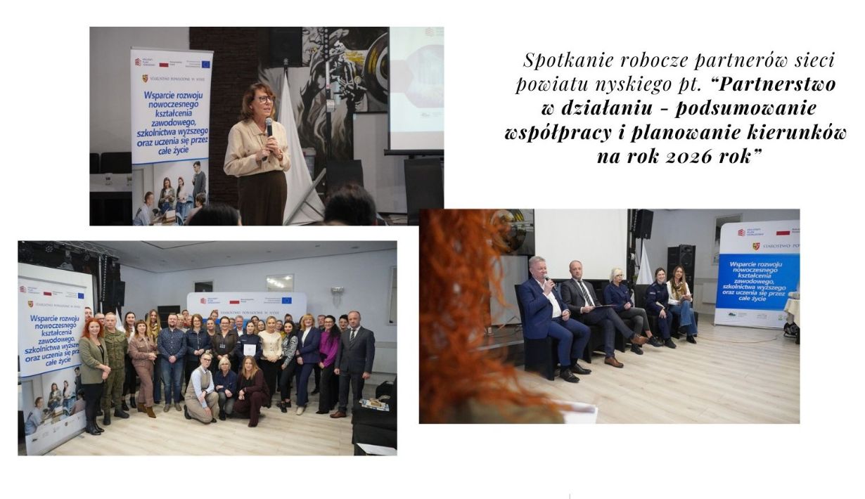 Collage trzech zdjęć prezentujących uczestników wydarzenia. Zdjęcie grupowe wszystkich uczestników, zdjęcie dokumentujące trwający panel dyskusyjny oraz zdjęcie prelegentki przemawiającej do zebranych uczestników spotkania.