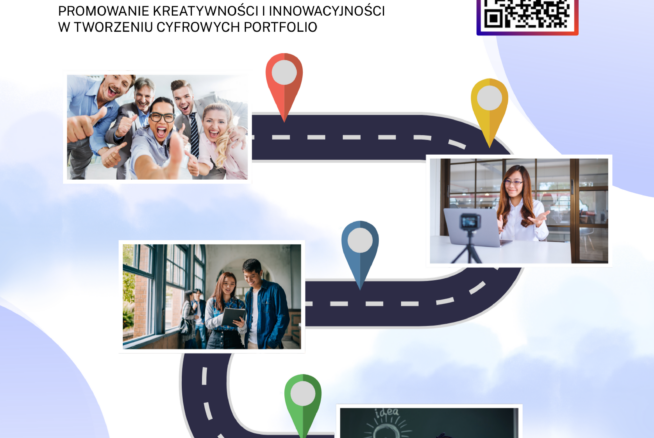 Plakat promujący konkurs "ePORTFOLIO" dla mieszkańców województwa opolskiego, który odbędzie się w formie warsztatów w dniach 30-31 marca 2026 roku. Grafika przedstawia krętą drogę z kolorowymi pinezkami oraz zdjęcia osób w różnym wieku uczących się i współpracujących. Na górze znajdują się logotypy unijne i państwowe, a w prawym rogu umieszczono kod QR do zapisów.
