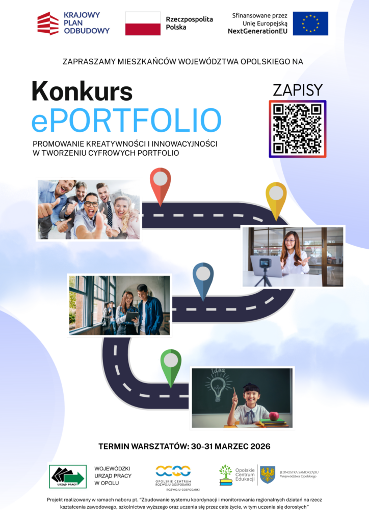 Plakat promujący konkurs "ePORTFOLIO" dla mieszkańców województwa opolskiego, który odbędzie się w formie warsztatów w dniach 30-31 marca 2026 roku. Grafika przedstawia krętą drogę z kolorowymi pinezkami oraz zdjęcia osób w różnym wieku uczących się i współpracujących. Na górze znajdują się logotypy unijne i państwowe, a w prawym rogu umieszczono kod QR do zapisów.