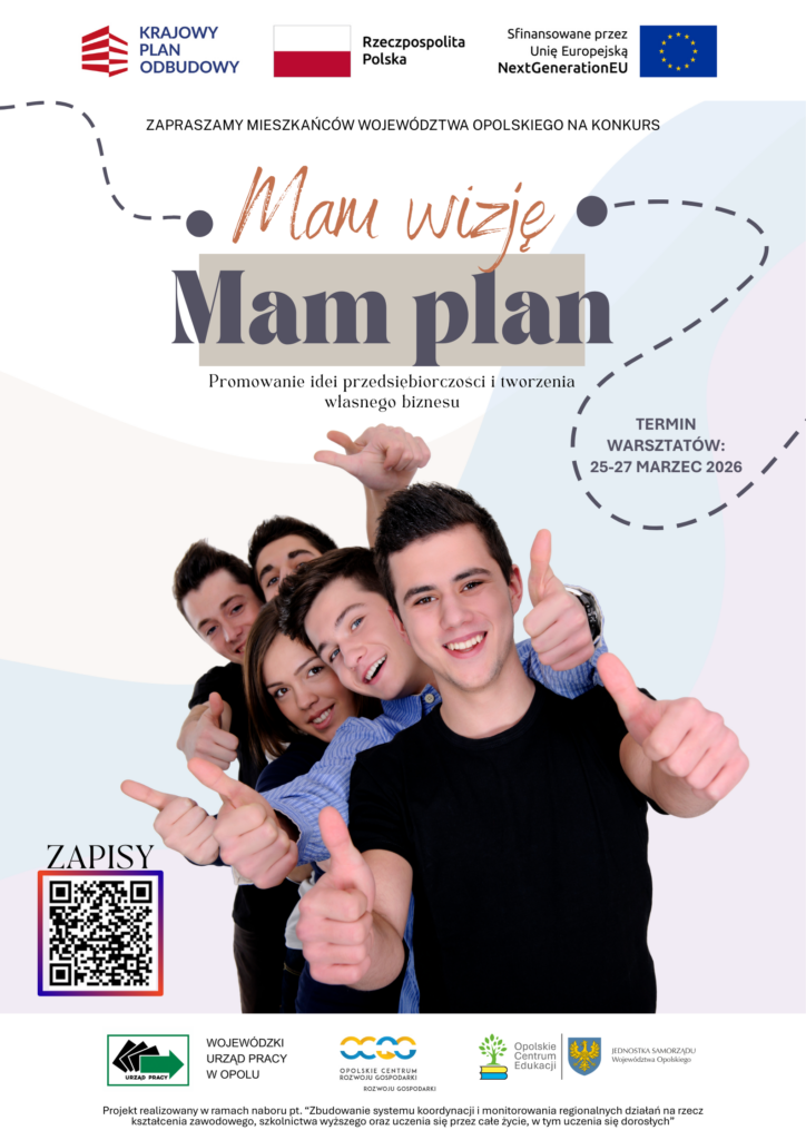 Plakat promujący konkurs „Mam wizję, Mam plan” dla mieszkańców województwa opolskiego, dotyczący promowania przedsiębiorczości i własnego biznesu. Grafika przedstawia grupę uśmiechniętych młodych ludzi pokazujących kciuki w górę, a w prawym rogu widnieje termin warsztatów: 25-27 marca 2026 r. Na dole znajdują się logotypy instytucji organizujących, kod QR do zapisów oraz informacja o finansowaniu z funduszy unijnych (NextGenerationEU).