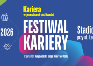 Niebieski baner na FESTIWAL KARIERY 22 kwietnia 2026 r. na Stadionie Itaka Arena w Opolu, Polska. Zawiera kolorowe kształty, ikony kariery i tekst o wydarzeniu organizowanym przez Wojewódzki Urząd Pracy w Opolu.