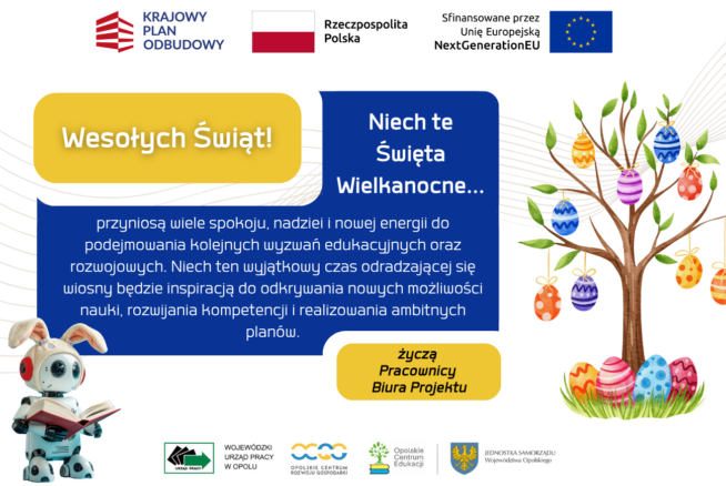 Kolorowe pisanki wiszą na gałęziach drzew na niebieskim tle. Żółty robot trzyma różowe jajko. Banery z polskimi życzeniami wielkanocnymi i logo Krajowego Planu Odbudowy, Polski, UE i uniwersytetów znajdują się na górze i na dole.