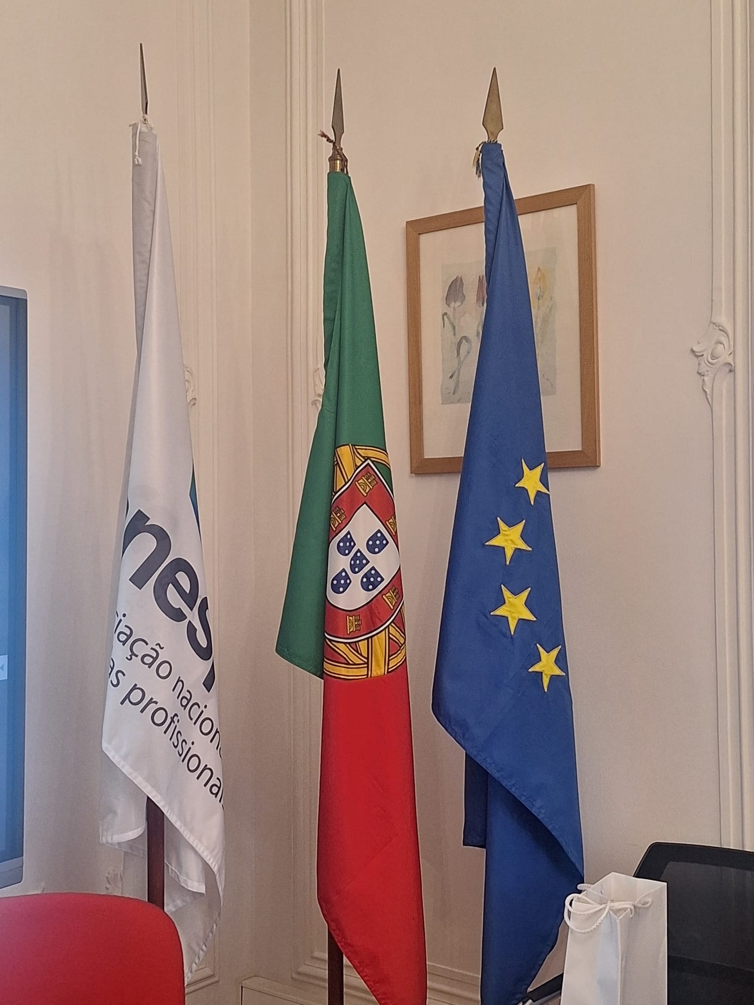 Trzy flagi stojące w pionowych stojakach wewnątrz eleganckiego pomieszczenia z jasnymi ścianami. Od lewej strony widoczna jest biała flaga z logotypem i napisem, w środku flaga Portugalii, a po prawej stronie niebieska flaga Unii Europejskiej z żółtymi gwiazdami. W tle, na ścianie z subtelnymi sztukateriami, wisi mały obraz w drewnianej ramie.