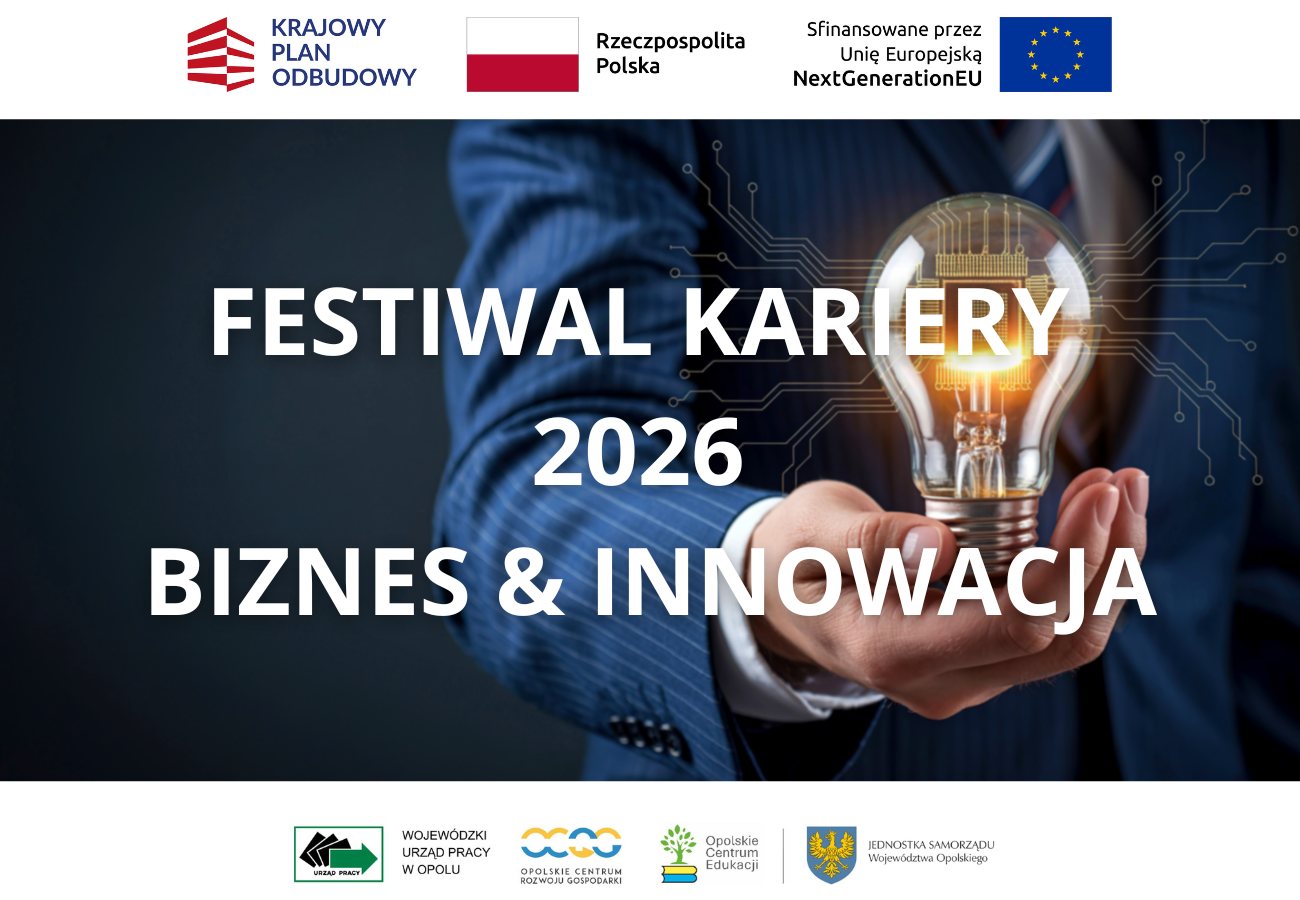 Plakat promujący Festiwal Kariery 2026 Biznes & Innowacja przedstawia dłoń trzymającą świecącą żarówkę, symbolizującą innowacyjność. U góry i u dołu widnieją logotypy polskich i unijnych organizacji oraz partnerów.