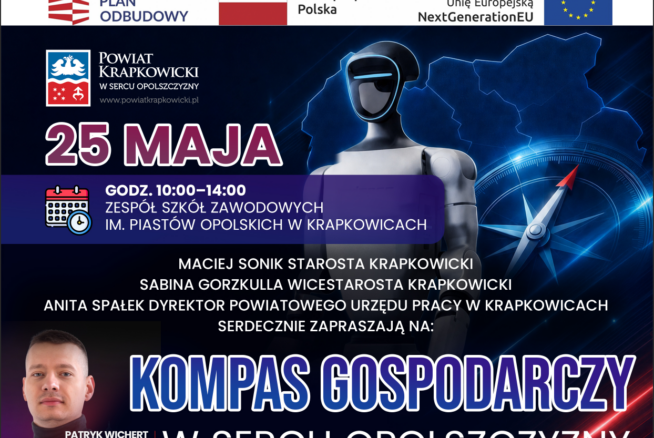 Plakat wydarzenia w języku polskim z logo, szczegółami wydarzenia i zdjęciami człowieka i robotycznej ręki dotykających wirtualnego interfejsu. Tekst główny: Kompas Gospodarczy w Sercu Opolszczyzny, wydarzenie 25 maja, 10:00-14:00, w Zespole Szkół Zawodowych, Krapkowice.