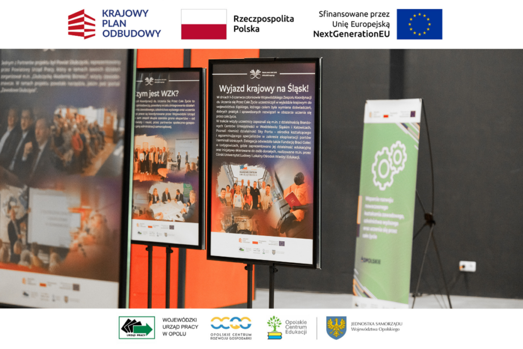 Zbliżenie na pionowy plakat w czarnej ramie na stojaku z nagłówkiem „Wyjazd krajowy na Śląsk!” i opisem wydarzenia. Po bokach widać fragmenty innych plakatów oraz zielony roll-up reklamowy. Wokół prezentowanych materiałów promocyjnych znajdują się białe pasy zawierające logotypy unijne, rządowe oraz opolskich urzędów i centrów rozwoju.