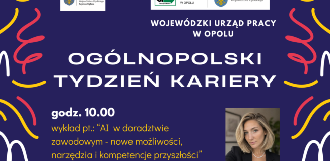 Grafika promująca wydarzenie w ramach tygodnia kariery pod nazwą OGÓLNOPOLSKI TYDZIEŃ KARIERY na ciemnoniebieskim tle z kolorowymi abstrakcyjnymi zawijasami. Zawiera logo organizatorów, szczegóły dotyczące wykładu na temat sztucznej inteligencji oraz zdjęcie prelegentki Żanety Bojek.
